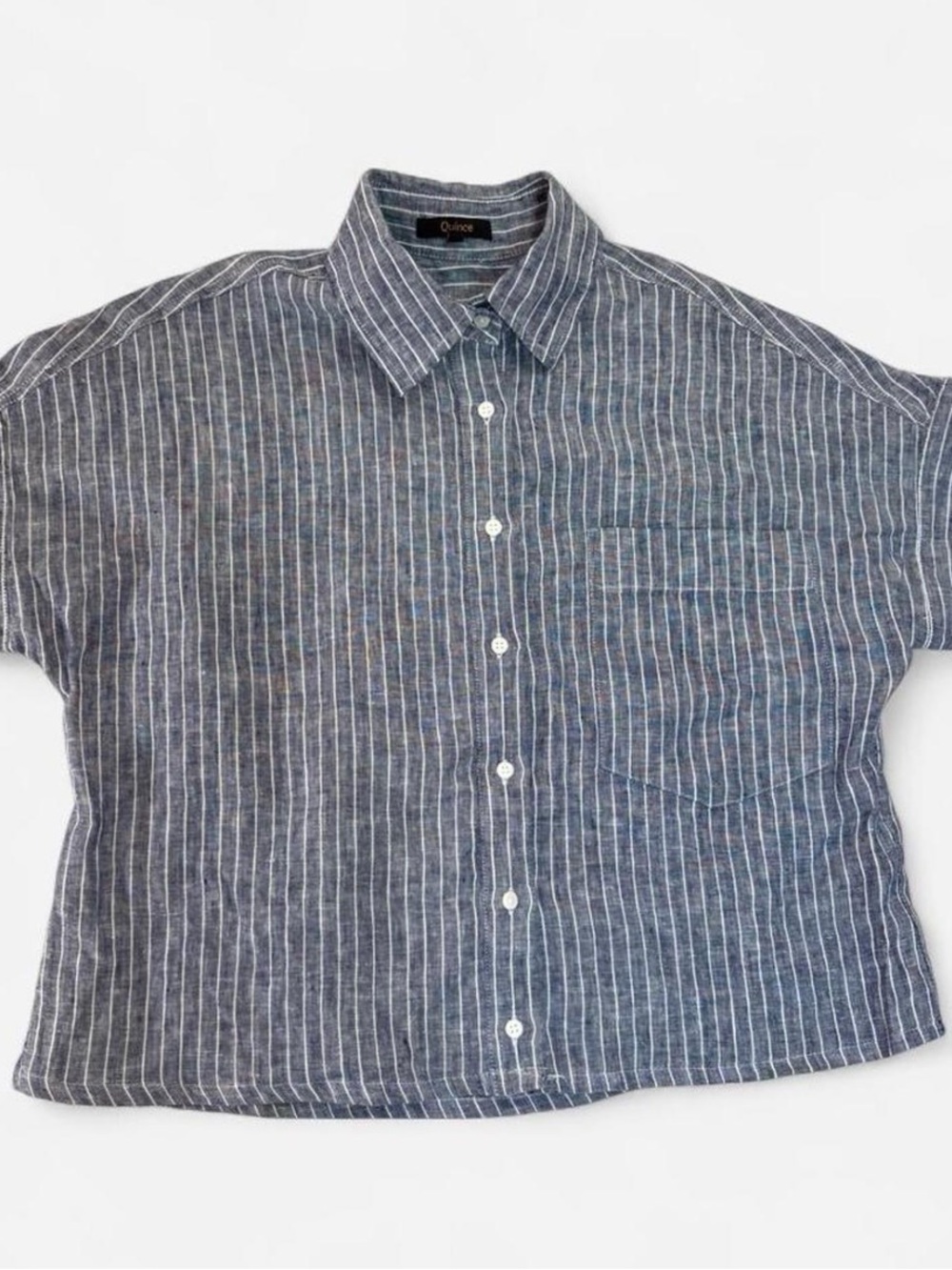 Quince 100% European Linen Short Sleeve Camp Shirt - Blue Chambray Stripe